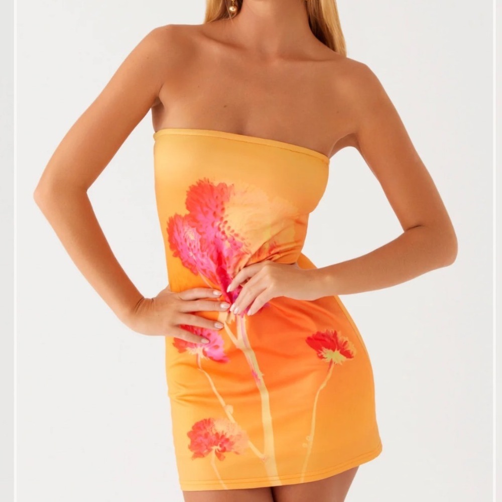 NWT Peppermayo Caroline Floral Mini Dress Orange Strapless Tube Bodycon Size 10